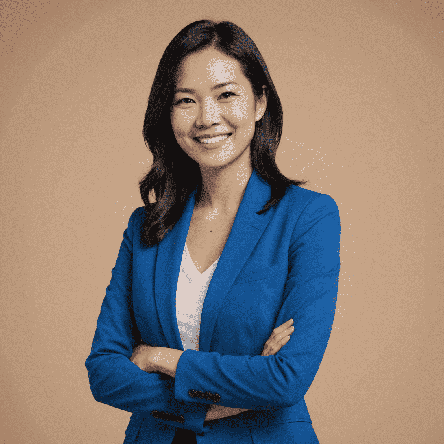 Portrait of Sarah Lee, CEO of Calendaly-Scheduling. Asian woman in her mid-30s with shoulder-length black hair, wearing a blue blazer and smiling confidently at the camera.