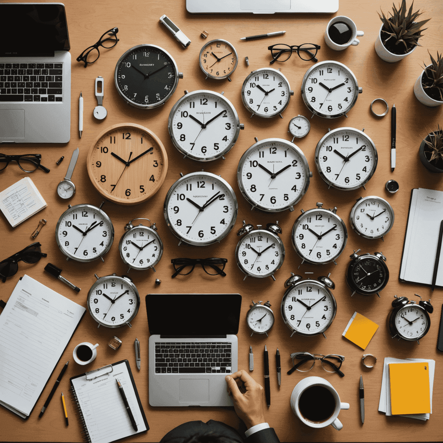 A collage of productivity tools, clocks, and a professional managing multiple tasks efficiently in a Singapore office setting