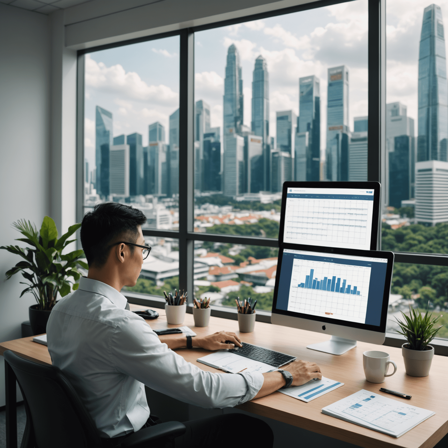 A busy professional in Singapore using a digital calendar and productivity tools on their desk, with the city skyline visible through the office window