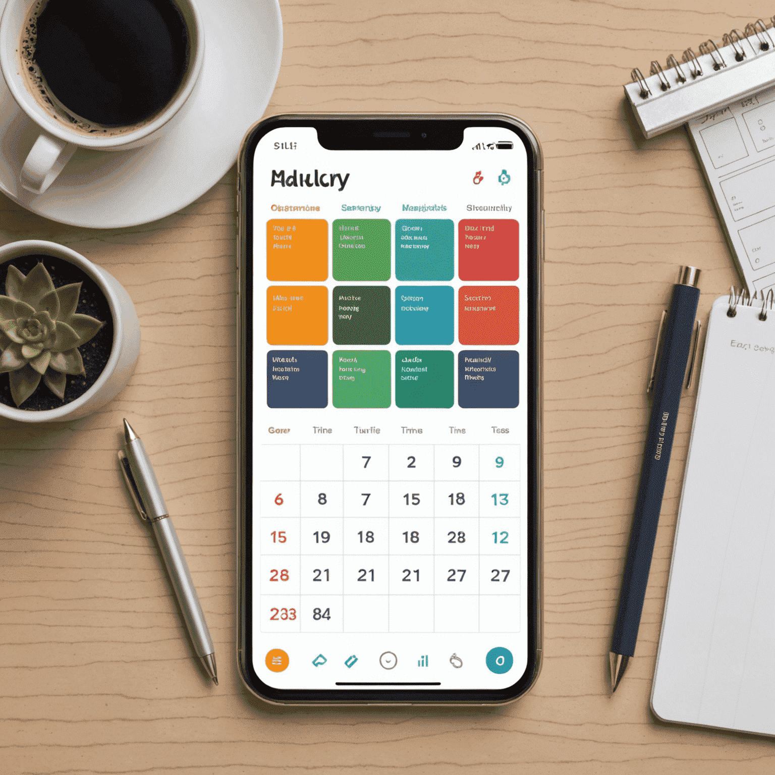 A well-organized digital calendar with color-coded events, task lists, and time blocks, showcasing efficient schedule management