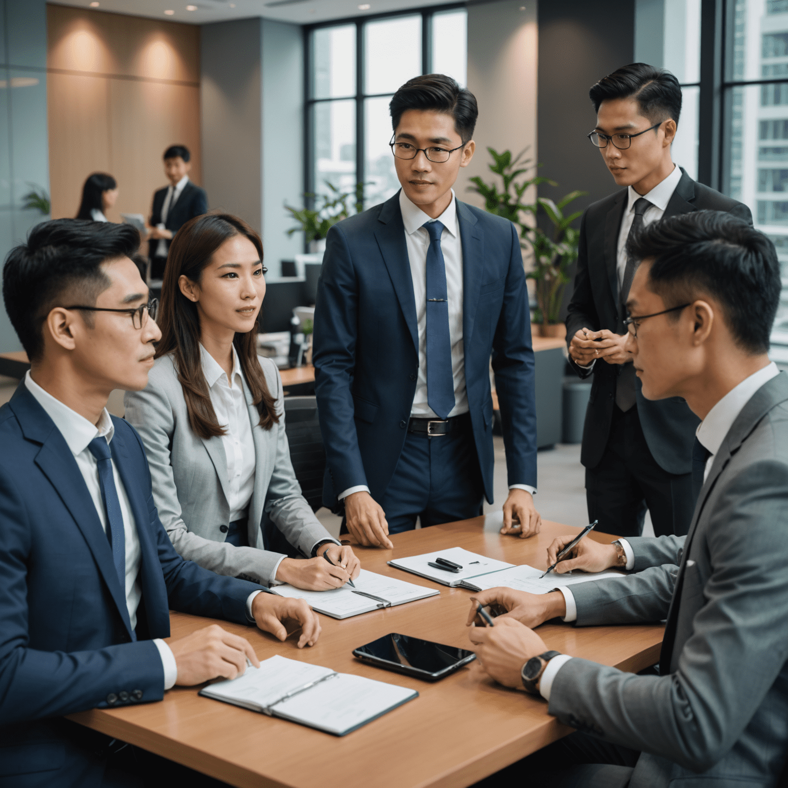 A diverse group of business professionals having a meeting in a modern Singapore office, showcasing a mix of Western and Asian business attire and etiquette