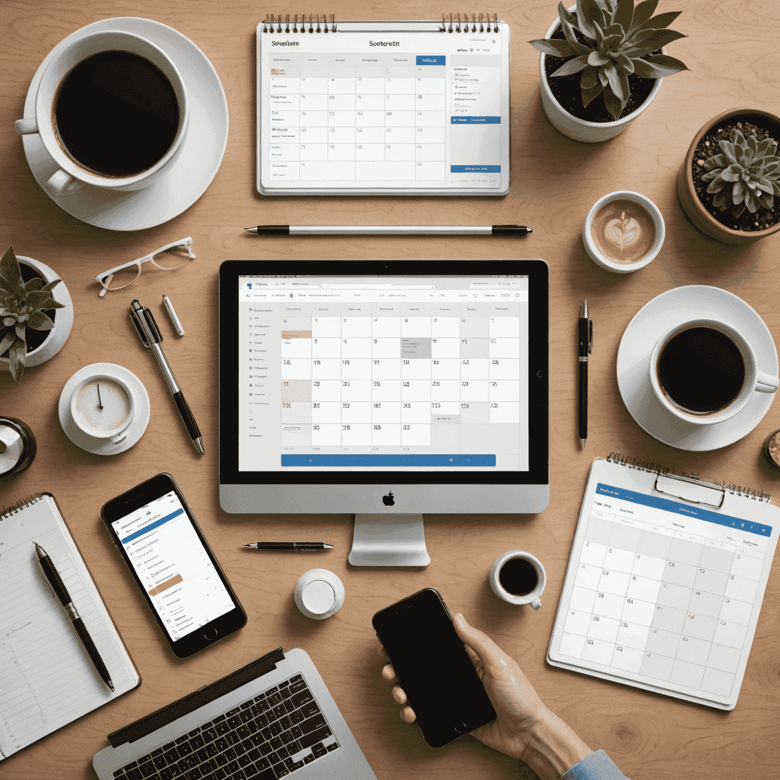 A collage of modern scheduling tools and apps on various devices, showcasing intuitive interfaces and calendar integrations