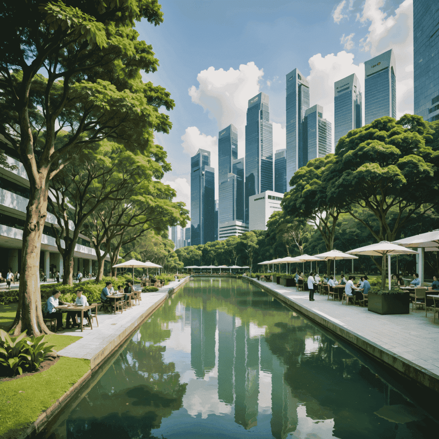 A split image showing a bustling Singapore office on one side and a serene park scene on the other, symbolizing work-life balance