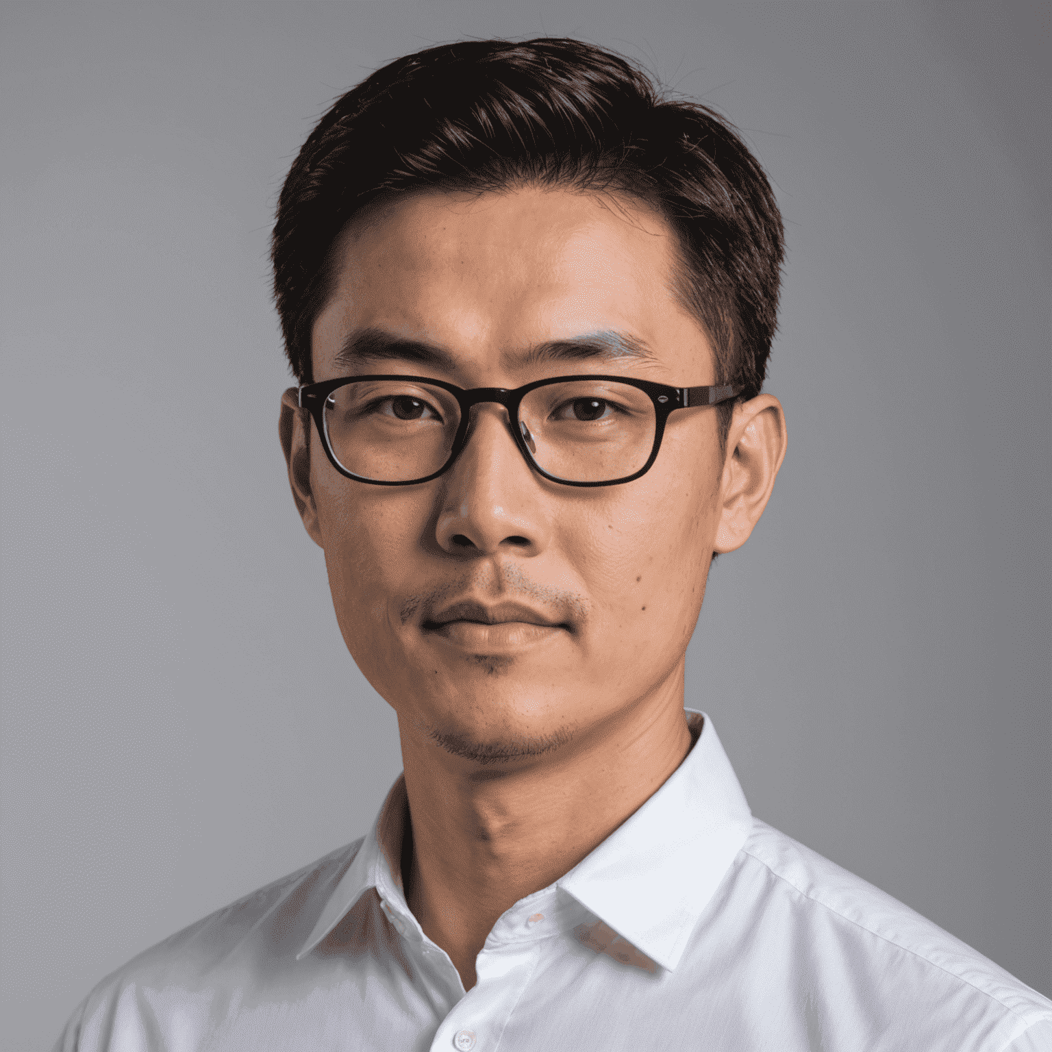 Portrait of Michael Tan, CTO of Calendaly-Scheduling. Asian man in his early 40s with short black hair and glasses, wearing a white shirt and looking focused.