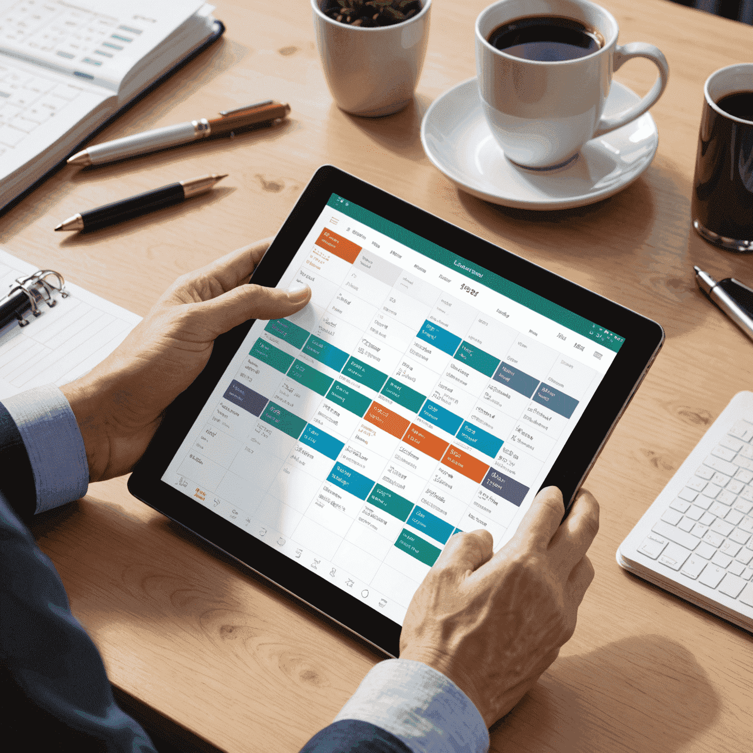 A well-organized digital calendar with color-coded events and a person efficiently managing their schedule on a tablet