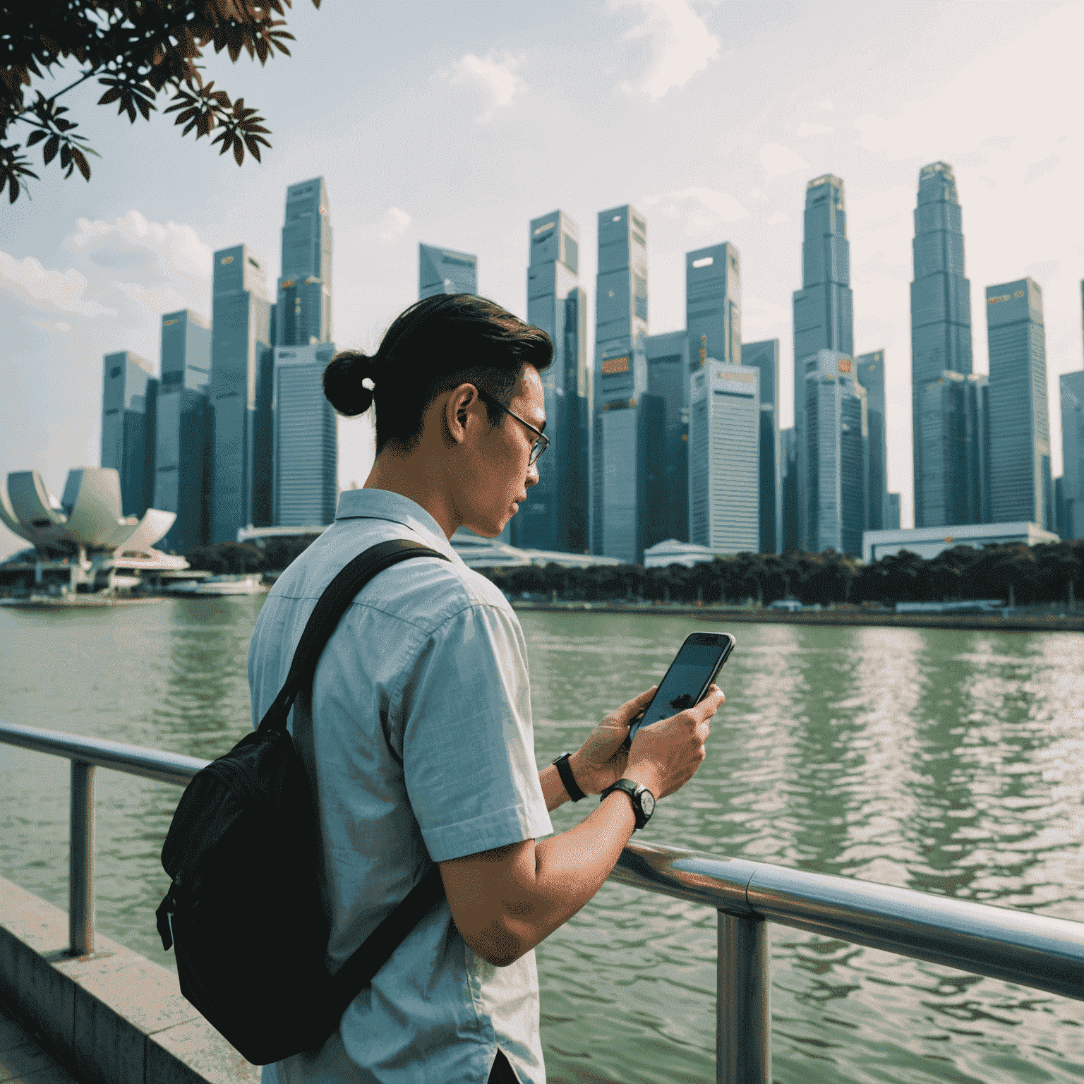 A person using a smartphone to schedule personal time, with Singapore's skyline in the background