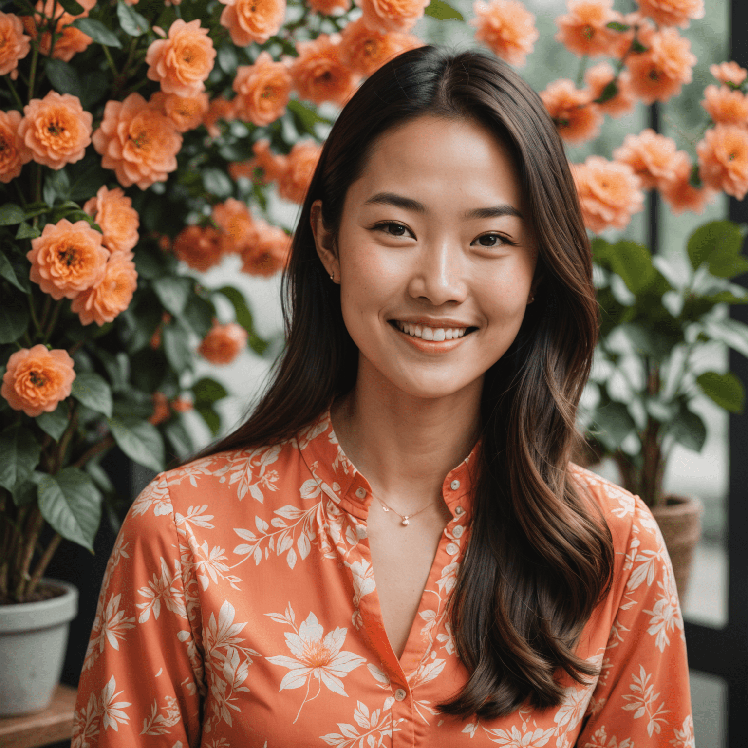 Portrait of Emily Wong, Head of Product at Calendaly-Scheduling. Asian woman in her late 20s with long brown hair, wearing a coral blouse and smiling warmly.