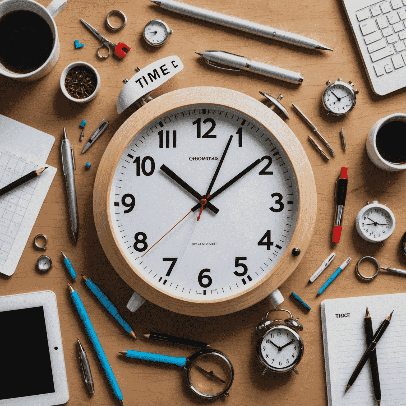 A clock with productivity tools surrounding it, representing time management techniques for busy professionals in Singapore