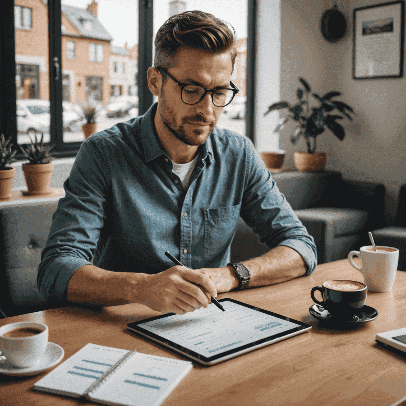 A person looking relaxed while reviewing their well-organized schedule on a tablet, with a cup of coffee nearby