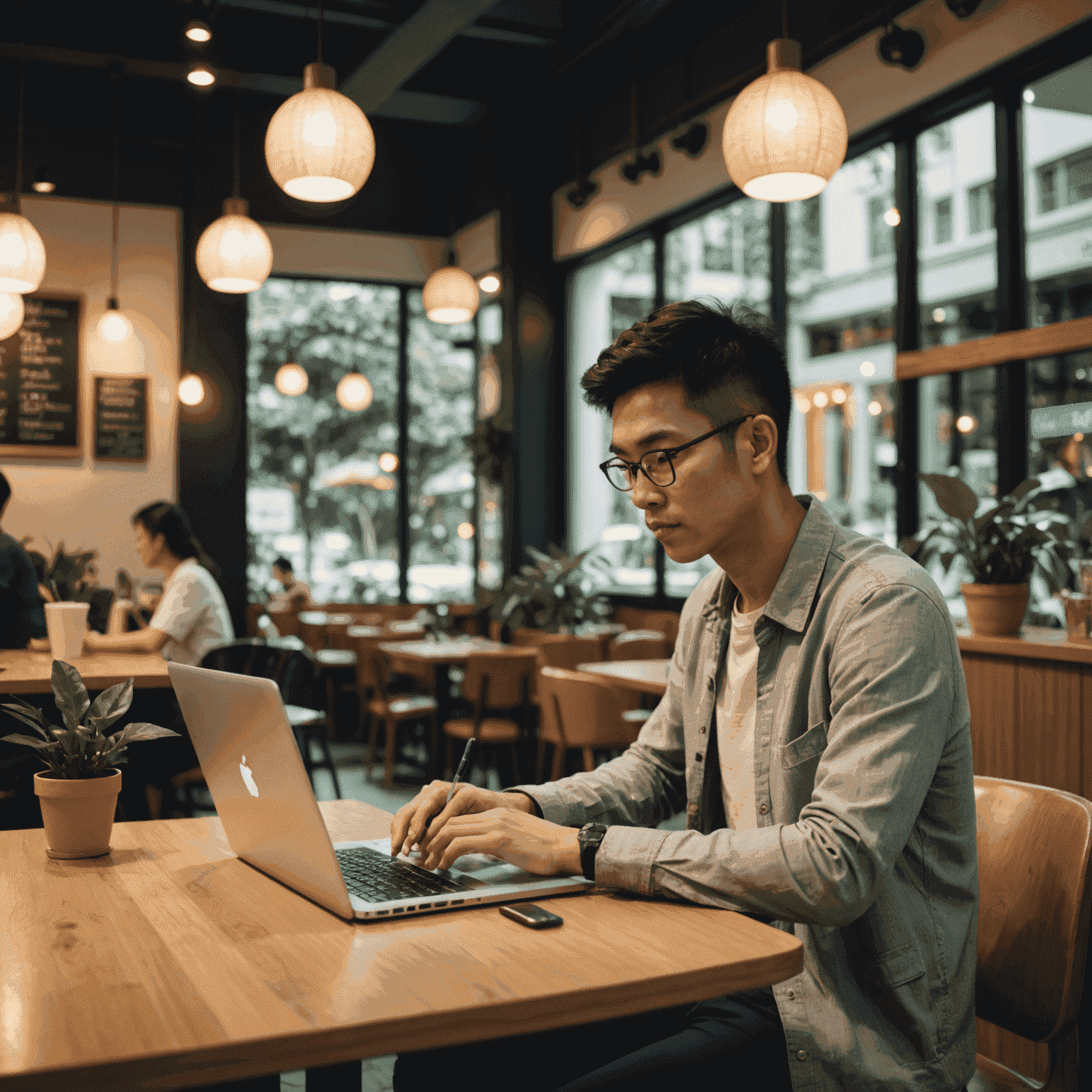 A person working on a laptop in a cozy Singapore cafe, representing flexible work arrangements