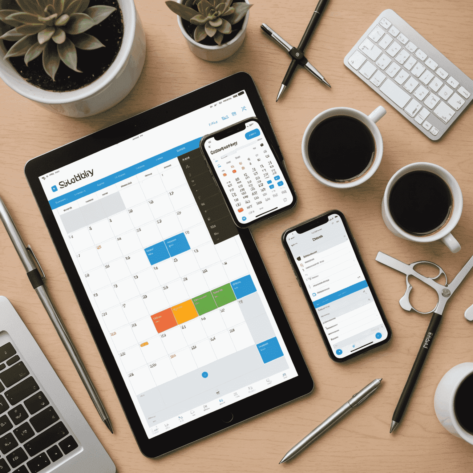 A collection of modern devices displaying various scheduling apps and tools, with Calendaly prominently featured