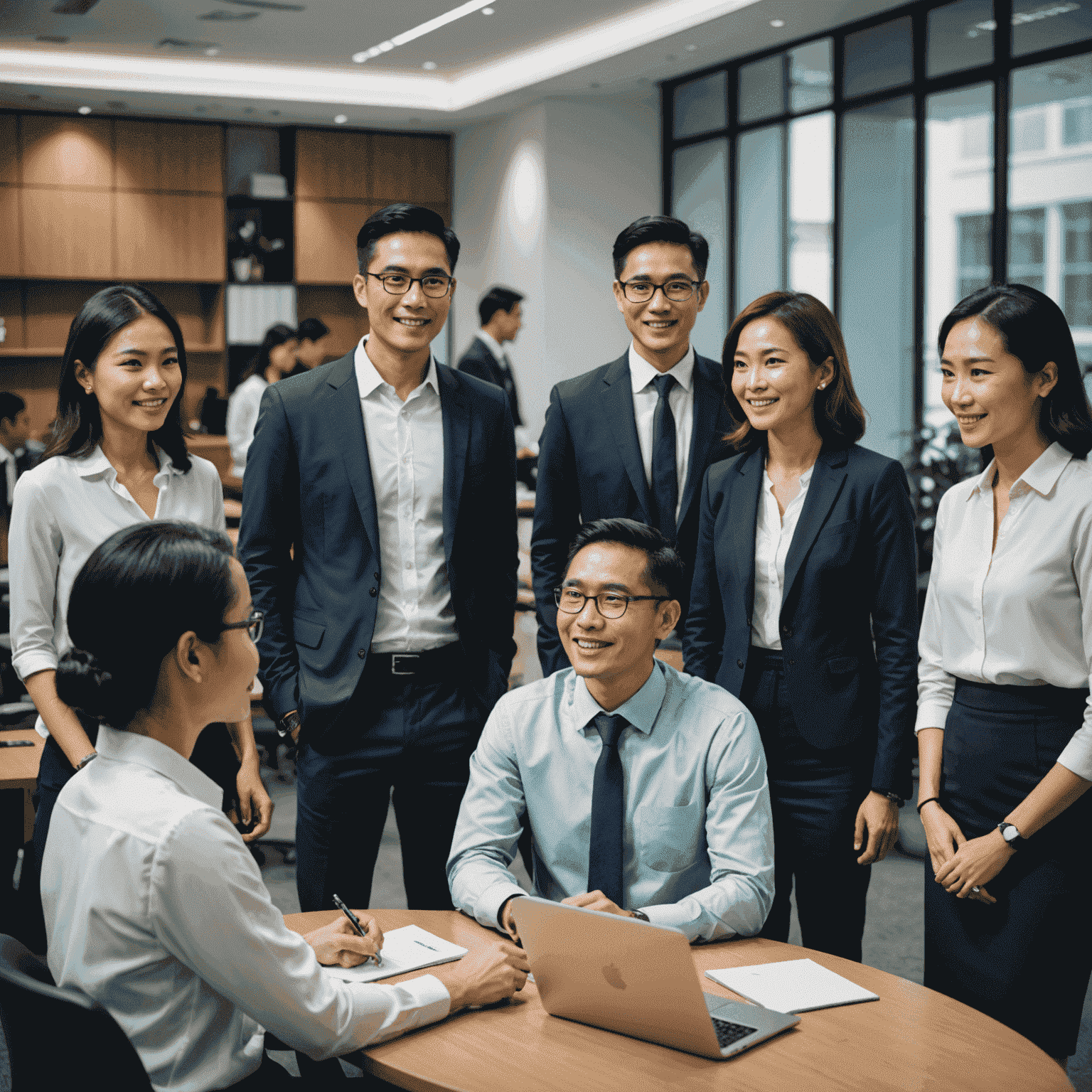 A diverse group of professionals in a modern Singapore office setting, engaged in a multicultural meeting