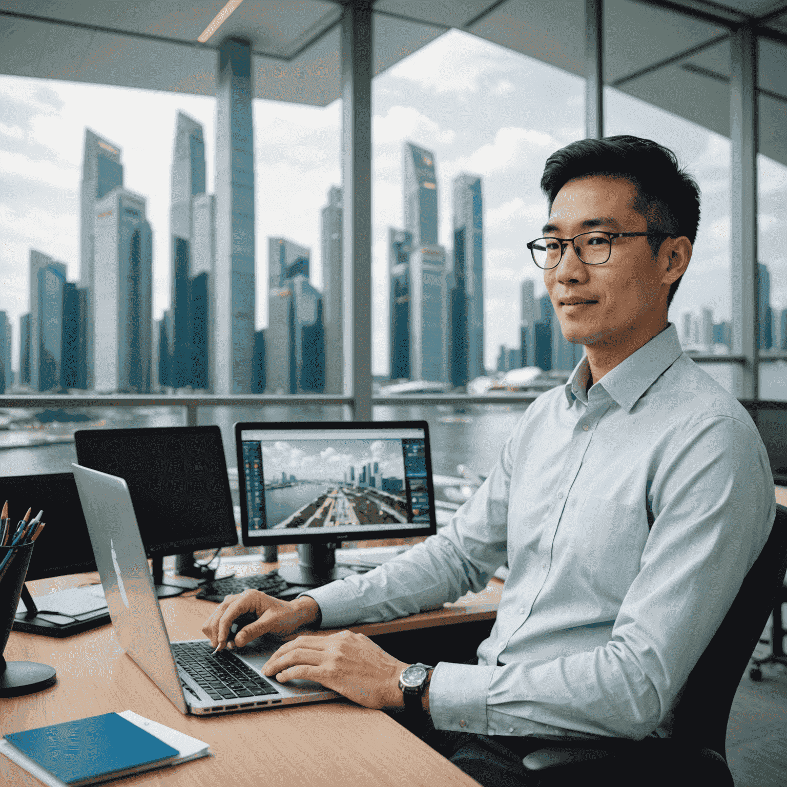 A split-screen image showing a professional working efficiently in a Singapore office and enjoying leisure time at Marina Bay